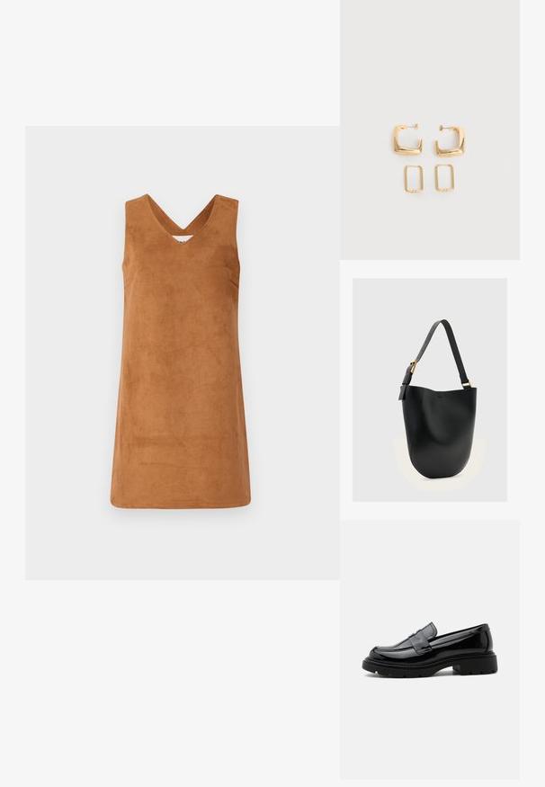 Robe sans manches brune en matériau semblable àdu daim avec un décolleté en V, présentant une texture lisse et des lignes épurées. Pas de détails supplémentaires.; Mocassin en cuir noir brillant avec semelle épaisse à crampons et bride penny, présenté en profil latéral sur fond blanc uni.; Sac seau en cuir noir avec bandoulière réglable et boucle dorée sur un fond uni gris clair.; Deux paires de Boucles d'oreilles créoles géométriques dorées sur une surface blanche unie, une paire carrée et pleine, une paire rectangulaire et creuse.