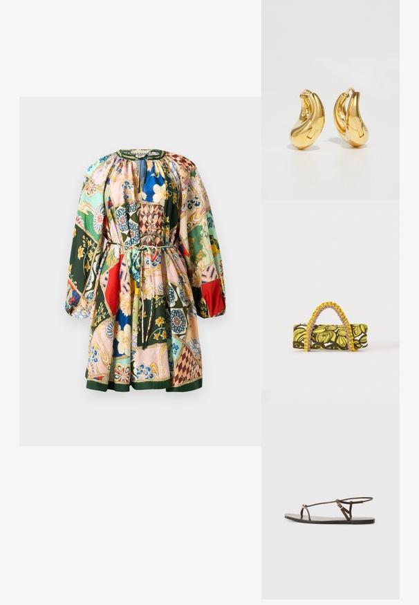Bunt bedrucktes Patchworkkleid mit Rundhalsausschnitt, Kordelzugbund, langen Ärmeln und verschiedenen Blumen- und geometrischen Mustern. Mischgewebe aus Baumwolle.; Braune Leder-Sandale mit dünnen Riemen, einem goldenen, runden Akzent und einer flachen Sohle. Minimalistisches Design mit einem verstellbaren Schnallen-Detail.; Rechteckige Tasche mit gelbem und schwarzem Blumenmuster und geflochtenem gelb-pinkem Griff auf weißem Hintergrund.; Goldene Creolen mit einer glatten, geschwungenen Form und polierter Oberfläche. Mit einem Verschlussmechanismus und leichten Einkerbungen für Details.