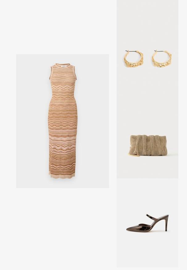 Robe longue en maille sans manches avec des rayures ondulées aux tons terreux beige, marron et rose clair, avec un col rond.; Mule à talon haut marron foncé brillant à bout pointu avec une fine bride sur le coup de pied sur fond blanc uni.; Petit sac pochette en maille dorée avec un design froncé et une bandoulière chaîne dorée partiellement visible sur un fond blanc uni.; Paire de boucles d’oreilles créoles couleur or avec embossage floral et feuillage orné sur un fond neutre.