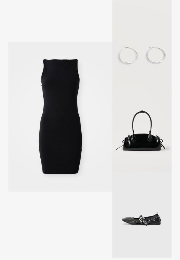 Schwarzes ärmelloses Bodycon-Kleid mit Rundhalsausschnitt, aus glattem Stoff, mit taillierter Silhouette und knielangem Design.; Schwarze Leder-Ballerinas mit spitzem Zehenbereich, gerafften Details am Schaft und einem silbernen Schnallenakzent am verstellbaren Riemen.; Kleine schwarze glänzende Handtasche mit zwei langen Griffen und seitlichen Kordelzug-Details vor einfachem hellem Hintergrund.; Silberne Metallcreolen mit glatter, leicht gebogener Oberfläche und Klappverschluss vor schlicht weißem Hintergrund.