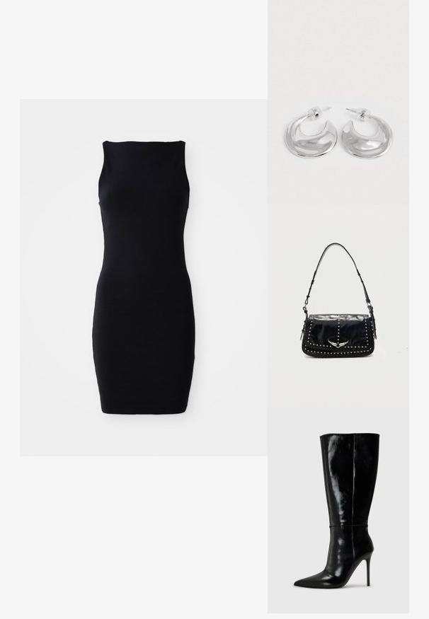 Čierne bezrukávové bodycon šaty s okrúhlym výstrihom, vyrobené z hladkej tkaniny, s priliehavým strihom a dĺžkou po kolená.; Čierne kožené čižmy po kolená s špicatou špičkou a vysokým stiletto podpätkom. Hladká textúra a elegantný dizajn s minimálnymi detailmi.; Čierna kožená kabelka na rameno so striebornými cvokmi a kovovým emblémom s krídlami na prednom preklade na jednofarebnom pozadí.; Pár lesklých strieborných náušníc v tvare polkruhu s priehľadnými plastovými zátkami na bielom povrchu.