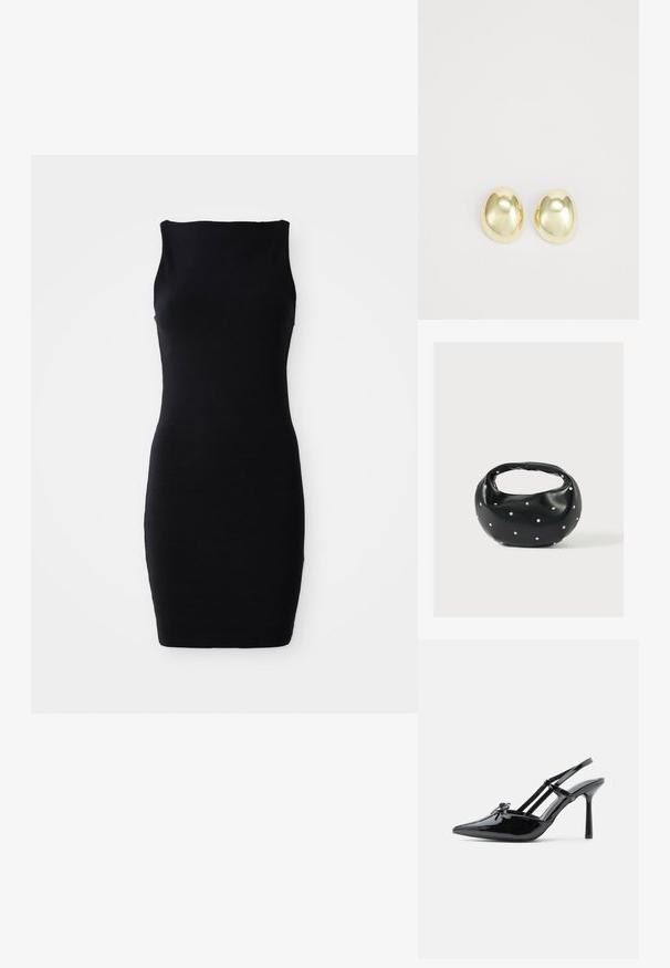 Μαύρο αμάνικο φόρεμα bodycon με στρογγυλή λαιμόκοψη, φτιαγμένο από απαλό ύφασμα, με στενή σιλουέτα και μήκος μέχρι το γόνατο.; Μαύρο παπούτσι slingback από δέρμα με πατέντα, ψηλό τακούνι, μυτερή μύτη και διπλή λωρίδα στο πάνω μέρος του ποδιού.; Μαύρη δερμάτινη τσάντα χειρός με στρογγυλεμένο σχήμα, διακοσμημένη με ασημένιες λεπτομέρειες με καρφιά και κοντή λαβή. Λείο υλικό και κλείσιμο με φερμουάρ.; Σκουλαρίκια από μέταλλο σε χρυσό τόνο με λείο, στρογγυλό σχήμα και γυαλιστερή φινίρισμα. Απλός σχεδιασμός χωρίς επιπλέον διακοσμητικά στοιχεία.