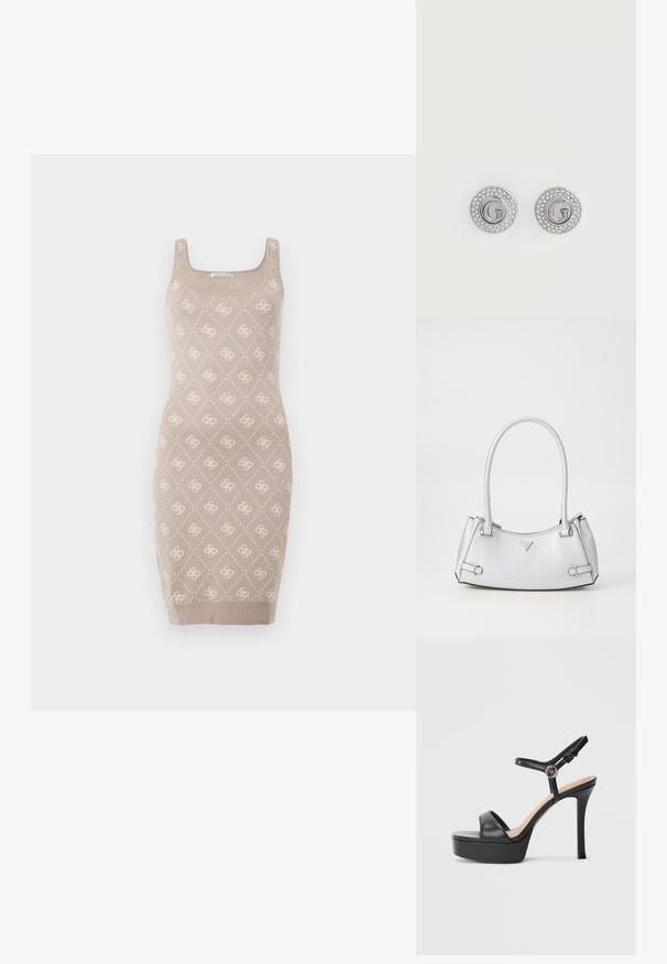 Robe beige en maille avec encolure carrée et bretelles. Présente un motif en losange avec un détail discret du logo, une coupe ajustée et un ourlet côtelé.; Sandales à plateforme noires avec un talon haut stilettos, dotées d'une tige en cuir lisse, d'un bout ouvert et d'une bride de cheville ajustable avec ferrures.; Sac à main argenté avec un design structuré, doté de deux poignées, d'une texture brillante, de quincaillerie accentuée et d'un logo triangulaire sur le devant.; Boucles d'oreilles clous rondes en argent avec une lettre G au centre, entourée de deux rangées de petits cristaux clairs.
