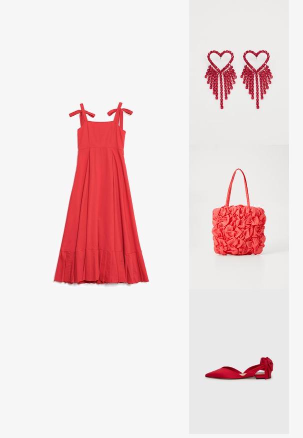 Rotes ärmelloses Kleid mit verstellbaren Bindeträgern, plissiertem unteren Saum und enganliegendem Oberteil. Glattes Material in einer einfarbigen, leuchtenden Farbe.; Roter Slingback-Schuh mit spitz zulaufender Zehenpartie aus glattem Stoff und einem am Knöchel gebundenen Riemen mit Schleife. Verfügt über einen niedrigen Blockabsatz und eine strukturierte Sohle.; Korallefarbene Tragetasche mit strukturiertem, gerafftem Design. Hergestellt aus weichem Stoff, ausgestattet mit zwei stabilen Griffen und einem geräumigen Innenraum.; Even&Odd by Zalando Ohrringe - red