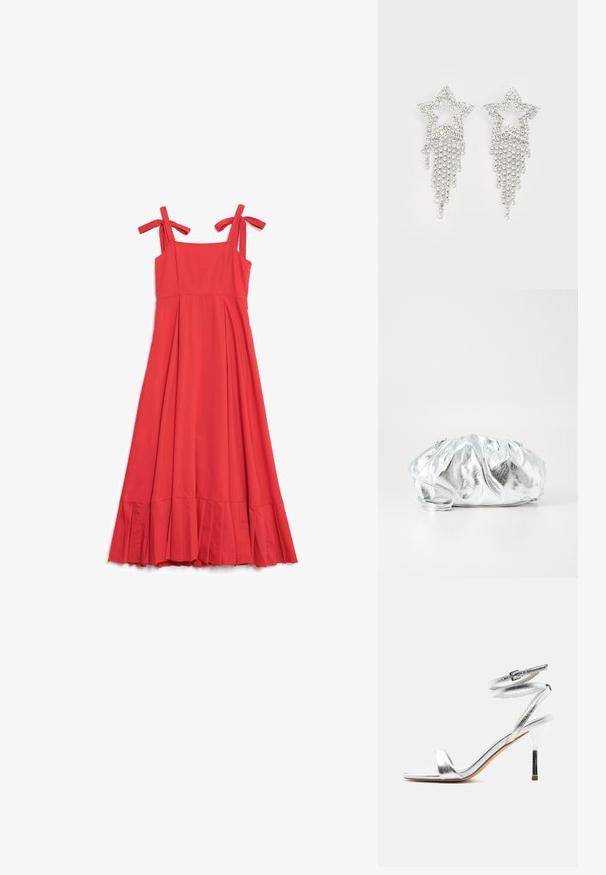 Rotes ärmelloses Kleid mit verstellbaren Bindeträgern, plissiertem unteren Saum und enganliegendem Oberteil. Glattes Material in einer einfarbigen, leuchtenden Farbe.; Silberne Sandale mit hohem Absatz und umlaufenden Riemen am Knöchel sowie dünnem Stiletto-Absatz, seitlich auf weißem Hintergrund gezeigt.; Metallisch silberne Clutch-Tasche mit einem weichen, gerafften Körper und einem dünnen Schultergurt. Sie verfügt über eine glatte, glänzende Textur und eine abgerundete Form.; Glitzernde Sternohrringe mit herabhängendem Fransen-Detail, in silberner Farbe und mit einer glänzenden, reflektierenden Oberfläche. Sternform mit filigranem Design.