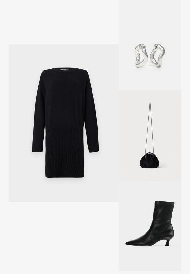 CLOSED CREW NECK MINI DRESS - Neulemekko - black; Musta nahkainen keskivarsipitkä saapas, jossa on kärkiosa ja matala kitten-korko, esitetty sivulta kirkkaalla yksivärisellä taustalla.; Pieni musta tekoturkislaukku punotulla yläkahvalla ja pitkällä ohuella olkahihnalla yksivärisellä taustalla.; Hopeakorvakorut, joissa on kiemurteleva muotoilu. Pyöreät reunat ja kiiltävä pinta. Avoimet sulkimet helppoa käyttöä varten. Tasainen tekstuuri koko pinnalla.