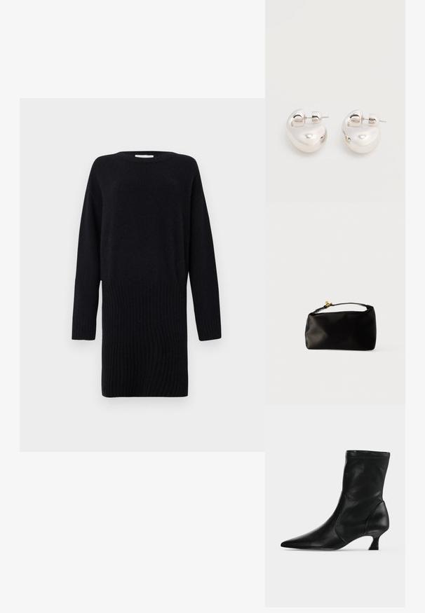 CLOSED CREW NECK MINI DRESS - Strikkjoler - black; Sort læderstøvle til midt på læggen med spids tå og lav kittenhæl, vist fra siden på en ensartet lys baggrund.; Sort satinpung med en afrundet form, et håndtag i toppen og en guldaccentlås. Glat tekstur med et minimalistisk design.; Par af skinnende sølv store øreringe med lukning på bagsiden mod en ensfarvet hvid baggrund.