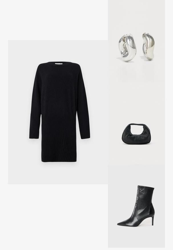 CLOSED CREW NECK MINI DRESS - Φόρεμα-πουλόβερ - black; Μαύρες αστράγαλοι μπότες από λείο δέρμα, με μυτερή μύτη, εφαρμοστό μάκτρο και λεπτό ψηλό τακούνι. Μινιμαλιστικός σχεδιασμός χωρίς ορατά μεταλλικά στοιχεία.; Μαύρη υφαντή τσάντα χόμπο με μαλακή δομή και ενσωματωμένη λαβή, απεικονίζεται σε απλό φωτεινό φόντο.; Ασημένια γλυπτικά σκουλαρίκια με λείες, καμπύλες μορφές και ανακλαστικές επιφάνειες. Διακρίνονται για το κλειστό σχέδιο του κρίκου και την ιδιαίτερη οργανική τους μορφή.