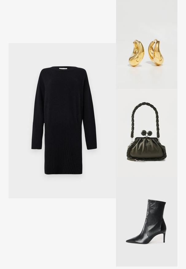 CLOSED CREW NECK MINI DRESS - Strikkjoler - black; Sorte ankelstøvler lavet af glat læder, med spids tå, tætsiddende skaft og en slank høj hæl. Minimalistisk design uden synligt hardware.; Olivengrøn læderhåndtaske med flettet håndtag og sølvhardware, med en samlet design og runde låsedetaljer på toppen.; Guldringeøreringe med en glat, buet form og poleret overflade. Udstyret med en lukkeanordning og lette fordybninger for detaljer.