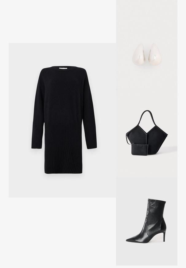 CLOSED CREW NECK MINI DRESS - Svetríkové šaty - black; Čierne kotníkové topánky vyrobené z hladkej kože, s špicatou špičkou, priliehavým zvrškom aúzkym vysokým podpätkom. Minimalistický dizajn bez viditeľného kovania.; Čierna geometrická taška s jedným širokým uchom a pripevnenou malou zipsovou kapsou, na jednoduchom svetlom pozadí.; Strieborné kovové náušnice vo forme kvapky s hladkým, reflexným povrchom a tvarom slzy, s bezšvovým dizajnom a bez viditeľných ozdôb.