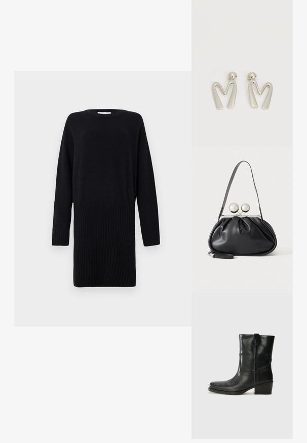 CLOSED CREW NECK MINI DRESS - Strikkjoler - black; Sort læder ankelstøvle med rundt tå, blokhæl, lynlås i siden og stikninger på vampsiden. Glat tekstur, klassisk design.; Sort læderhåndtaske med opsamlet design, en enkelt rem, sølv metalramme og to store runde sølv lukninger.; Par sølvtonede metaleøreringe formet som den kantede bogstav M med runde fester på en hvid baggrund.
