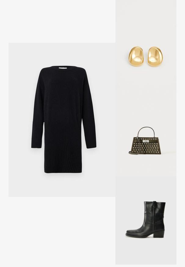 CLOSED CREW NECK MINI DRESS - Strikkjoler - black; Sort læder ankelstøvle med rundt tå, blokhæl, lynlås i siden og stikninger på vampsiden. Glat tekstur, klassisk design.; Oliven grøn suedetaske med sølvrunde nitter, top-håndtag, skulderrem og rektangulær sølvspænde.; Guldfarvede stud øreringe med en glat, rund form og en reflekterende overflade, der fremhæver et minimalistisk design uden synlige mønstre.