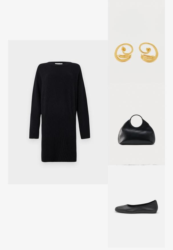 CLOSED CREW NECK MINI DRESS - Strikkjoler - black; Sort læderballetsko med rund tå, glat tekstur, minimal syning og et fleksibelt såldesign.; Sort læderhåndtaske med rundet form og cirkulært top-håndtag indpakket i matchende lædersyning.; Gyldne øreringe i hoop-design med et spiralformet mønster, glatte og skinnende overflader samt et enkelt, moderne udseende.