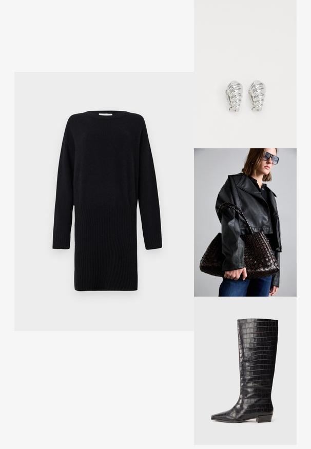 CLOSED CREW NECK MINI DRESS - Svetríkové šaty - black; Čierne kožené čižmy po kolená s textúrou krokodíla, s ostrou špičkou a nízkym blokovým podpätkom. Obsahujú jemné značenie v blízkosti členku.; DRAGON DIFFUSION SANTA CROCE BIG - Kabelka - dark brown; Strieborné klipsňové náušnice so spirálovým dizajnom, s hladkým kovovým povrchom a zaoblenými tvarmi. Bez viditeľných ozdôb či vzorov.