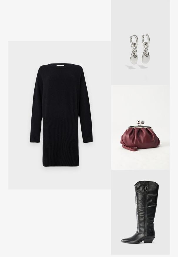 CLOSED CREW NECK MINI DRESS - Robe pull - black; Bottes en cuir noires arrivant aux genoux avec un bout pointu et un talon carré. Elles présentent une texture lisse et un détail de couture subtil à l'avant.; Petit sac pochette en cuir bordeaux avec fermoir métallique argenté et bracelet sur fond blanc.; Boucles d'oreilles en argent avec des maillons ovales allongés, présentant une finition polie et un pendentif tombant texturé. Design simple avec des bords lisses.