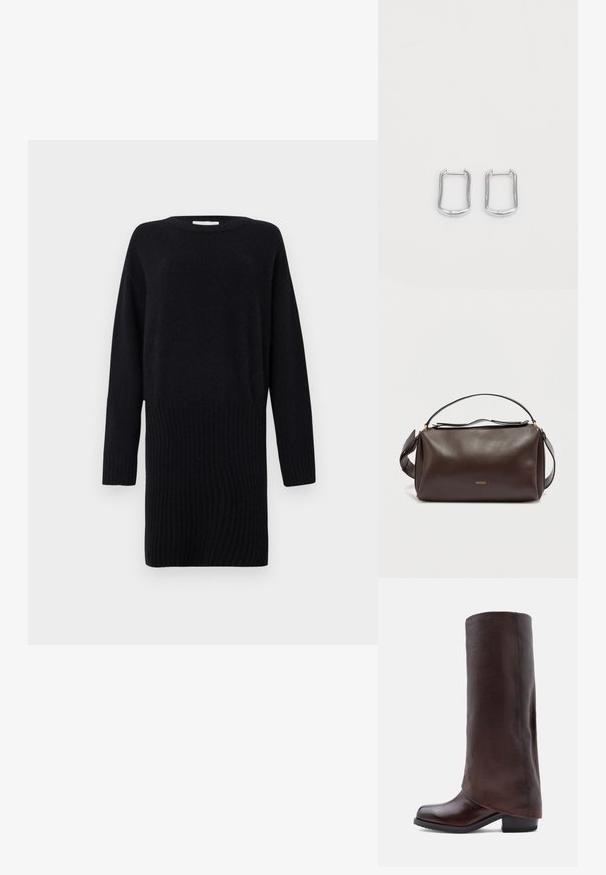 CLOSED CREW NECK MINI DRESS - Svetríkové šaty - black; Tmavo hnedá kožená čižma po kolená s nízkym blokovým podpätkom a zaoblenou špičkou, zobrazená v bočnom profile na bielom pozadí.; Hnedá kožená kabelka na rameno so štruktúrovaným dizajnom, ozdobená zlatým logom, so zipsom na vrchu a odnímateľným popruhom. Hladká textúra.; Strieborné metalické kruhové náušnice s obdĺžnikovým tvarom a jemne zaoblenými hranami, so hladkým povrchom a jednoduchým, minimalistickým dizajnom.