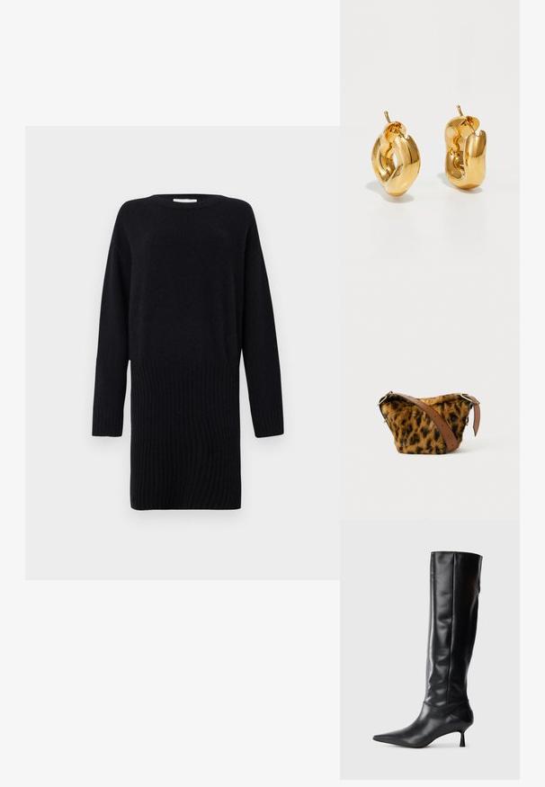 CLOSED CREW NECK MINI DRESS - Svetríkové šaty - black; Čierna kožená vysoká čižma po kolená s špicatou špičkou a štíhlym zakriveným opätkom. Hladká textúra, priliehajúci dizajn a žiadne viditeľné kovanie alebo vzory.; Kabela z umelým kožuchom v leoprint vzore s hnedým koženým remienkom, s guľatým tvarom a zlatými kovovými doplnkami.; Masívne zlaté kruhové náušnice s jemne skrúteným, rúrkovým dizajnom a uzávermi na zadnej strane na bielom pozadí.