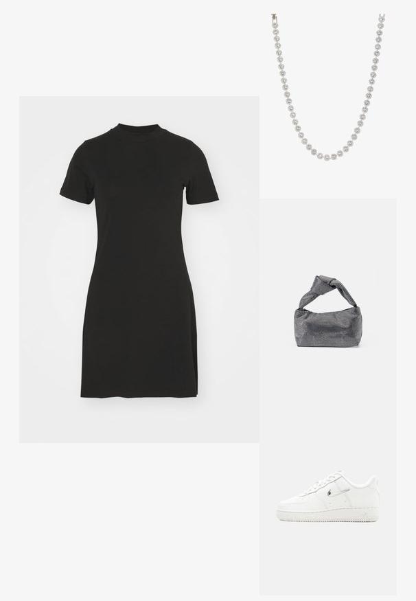 Musthave musta lühikeste varrukatega kleit kõrge kaelusega, valminud pehmest ja siledast kangast. Lihtne disain koos sirge siluetiga ja ilma nähtavate mustriteta.; Valged Nike Air Force 1 tossud metallik hõbedase Swooshi logoga, ees nööbitavad, augukeste ja tekstuurse kummipõhjaga.; Must musta ja hõbedane käekott, millel on tekstureeritud pind, millel on teemanti muster, sõlmega käepide ja struktureeritud kuju.; Hõbe kaelakee, millel on ümmargused, selged vääriskivid, mis on paigutatud ringikujulisse disaini, vaheldumisi dekoratiivsete metallaktsentidega, sile tekstuur.