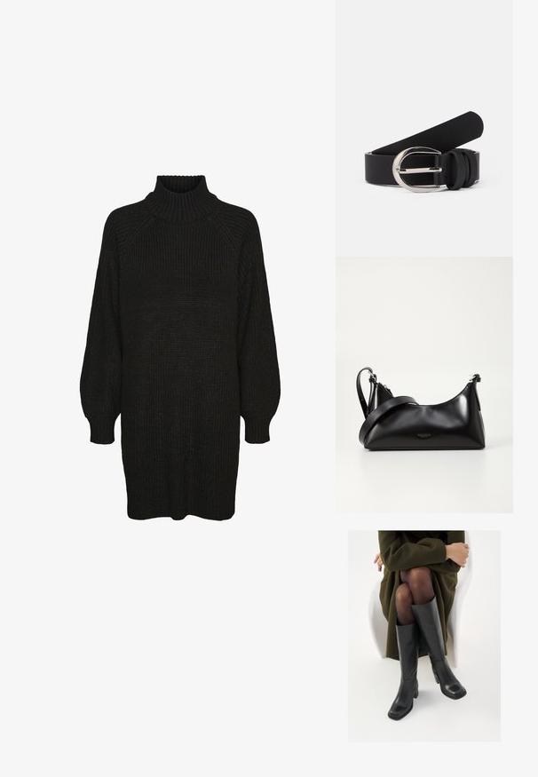 Schwarzes Strickkleid mit hochgeripptem Kragen, Raglanärmeln und strukturiertem Stoff. Lockere Passform mit umgeschlagenen Ärmeln und geradem Saum.; Knöchelhöhe schwarze Lederstiefel mit quadrater Spitze und Blockabsatz, gezeigt mit einem Modell, das einen olivgrünen Mantel trägt. Glatte Textur, minimale Details.; Schwarze lederne Handtasche mit glatter Textur. Verfügt über einen verstellbaren Riemen und ein elegantes, minimalistisches Design mit einem Reißverschluss.; Schwarzer Leder-Gürtel mit glatter Textur, ausgestattet mit einer silberfarbigen Metallschnalle und einfachen Schlaufenakzenten. Das Design ist elegant und minimalistisch.