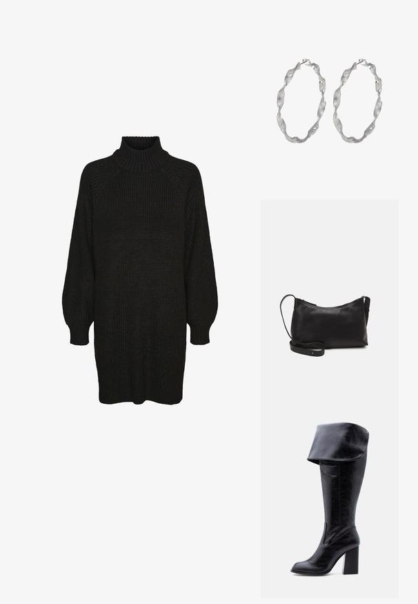 Schwarzes Strickkleid mit hochgeripptem Kragen, Raglanärmeln und strukturiertem Stoff. Lockere Passform mit umgeschlagenen Ärmeln und geradem Saum.; Hoher schwarzer Lederstiefel mit Absatz, umgeschlagenem Umschlag und abgerundetem Zehenbereich, steht aufrecht auf weißem Hintergrund.; Schwarze Ledertasche für die Schulter mit glatter Textur, geschwungener Form, verstellbarem Tragegurt und Reißverschluss. Minimalistisches Design ohne Verzierungen.; Silberne Creolen mit einem verdrehten Design, das eine strukturierte Oberfläche und einen sicheren Verschluss aufweist. Leicht und reflektierend mit einer eleganten Oberfläche.