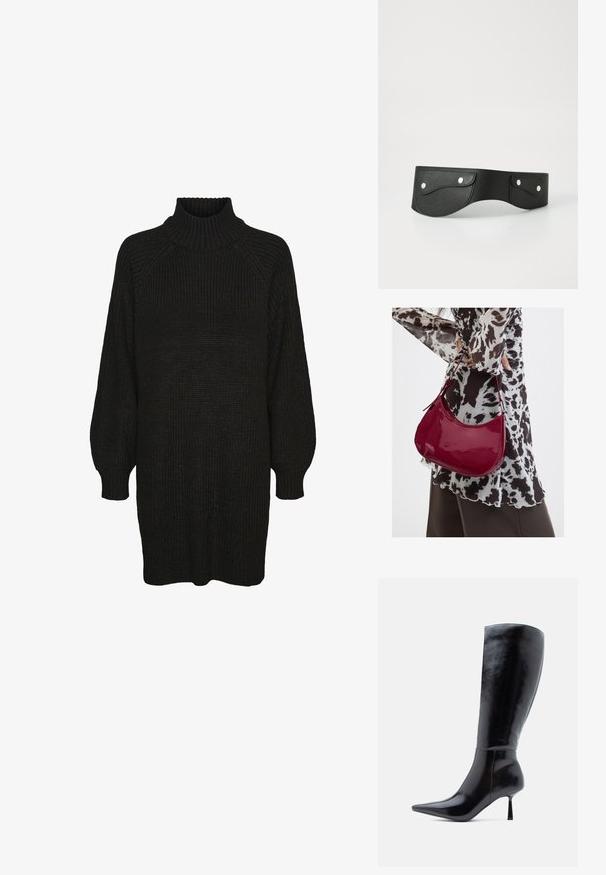 Schwarzes Strickkleid mit hochgeripptem Kragen, Raglanärmeln und strukturiertem Stoff. Lockere Passform mit umgeschlagenen Ärmeln und geradem Saum.; Schwarze kniehohe Stiletto-Stiefel mit glänzender Lederoberfläche, spitzem Zeh und schlankem, konisch zulaufendem Absatz, die eine glatte Oberfläche und ein elegantes Design aufweisen.; Frau trägt eine schwarz-weiß gemusterte Bluse und hält eine glänzende rote Schultertasche vor einem einfarbigen Hintergrund.; Schwarzlederner Gürtel mit zwei runden Taschen, die mit silbernen Druckknöpfen gesichert sind. Glatte Textur, leicht geschwungenes Design.