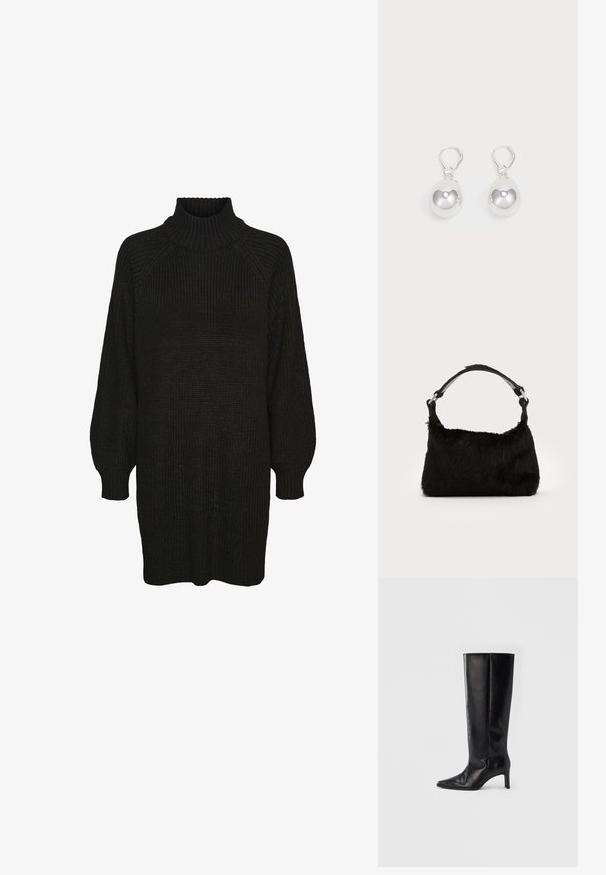 Schwarzes Strickkleid mit hochgeripptem Kragen, Raglanärmeln und strukturiertem Stoff. Lockere Passform mit umgeschlagenen Ärmeln und geradem Saum.; Schwarze kniehohe Stiefel aus glattem Leder, mit spitzer Zehenpartie und schlankem Absatz, ausgestattet mit einem anliegenden Schaft und minimalistischem Design.; Schwarze Kunstfell-Handtasche mit weicher Textur, runder Form und einem stabilen schwarzen Leder-Schulterriemen. Sichtbare silberne Hardware-Akzente.; Silberne Tropfenohrringe mit glatten, runden, reflektierenden Oberflächen, die an Hakenverschlüssen hängen. Der Hintergrund ist reinweiß.