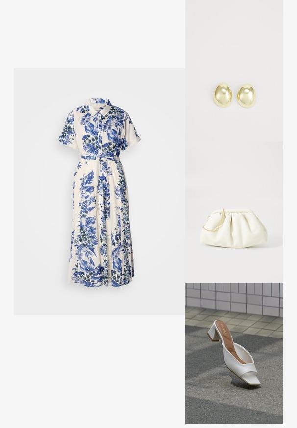 Vestido con estampado floral en azul y blanco. Presenta un cuello con solapa, mangas cortas, una cintura ceñida con cinturón y una falda larga.; Mule blanco de punta abierta con tacón bloque y plantilla marrón con la etiqueta "ALDO", posicionado sobre asfalto con fondo de pared de azulejos.; Bolso de mano de cuero blanco con un diseño recogido, cuenta con una cadena dorada y forma redondeada. Textura suave con pliegues suaves y sin patrones.; Pendientes de metal en tono dorado, con forma suave y redondeada y acabado pulido. Diseño sencillo sin adornos adicionales.