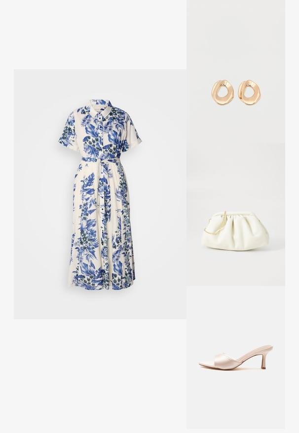 Vestido con estampado floral en azul y blanco. Presenta un cuello con solapa, mangas cortas, una cintura ceñida con cinturón y una falda larga.; Mule beige de punta abierta con tacón fino de altura media y una amplia correa lisa sobre el pie.; Bolso de mano de cuero blanco con un diseño recogido, cuenta con una cadena dorada y forma redondeada. Textura suave con pliegues suaves y sin patrones.; Par de pendientes de aro de metal en tono dorado pulido, de forma irregular y con centro abierto, sobre un fondo blanco liso.