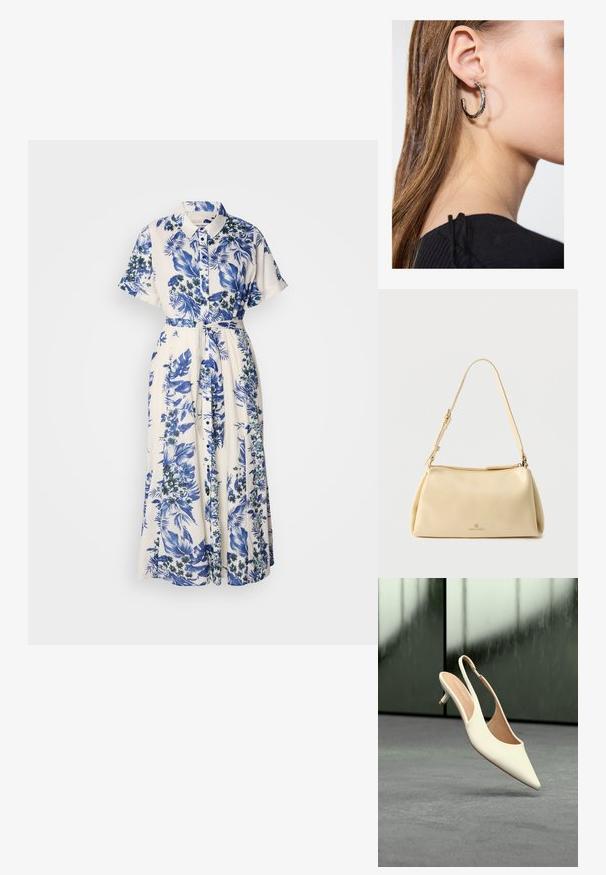 Vestido con estampado floral en azul y blanco. Presenta un cuello con solapa, mangas cortas, una cintura ceñida con cinturón y una falda larga.; Zapato de mujer beige con punta afilada y talón bajo tipo kitten, flotando sobre un suelo gris con fondo oscuro desenfocado.; Bolso de hombro beige rectangular con correa ajustable y cierre de cremallera, con un pequeño logo "Anna Field" en el centro frontal.; Pendiente de aro de plata con un acabado pulido, que presenta pequeños detalles en dorado y una forma redonda, llevado en el lóbulo.