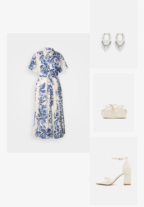 Vestido con estampado floral en azul y blanco. Presenta un cuello con solapa, mangas cortas, una cintura ceñida con cinturón y una falda larga.; Sandaña blanca de tacón alto con tacón cuadrado, punta abierta, correa al tobillo con hebilla dorada y material sintético suave.; Bolso de mano de cuero suave de color crema con diseño fruncido y plisado y una delgada correa para el hombro que descansa delante sobre un fondo liso.; Candados en forma de corazón de plata con inscripciones grabadas de "SÍ" y "NO", acabado pulido, diseño simétrico y un robusto cierre de metal.