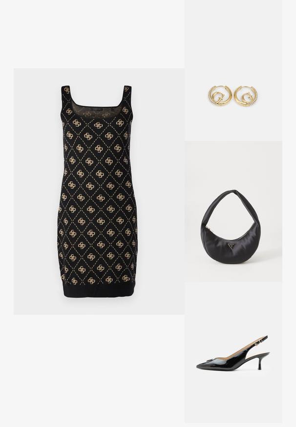 Sort ærmeløs kjole med diamanter og guld accenter. Den har en firkantet halsudskæring og en tætsiddende silhuet, lavet af blødt stof.; Sort patentlæder slingback hæl med spids tå, lille kitten hæl og sølvspænde på en ensartet hvid baggrund.; Sort satin håndtaske med en buet form, der har en lynlåslukning og et trekantet logo i metal på forsiden. Glat tekstur og slankt design.; Guess CRAZY EARRINGS - Øreringe - gold-coloured