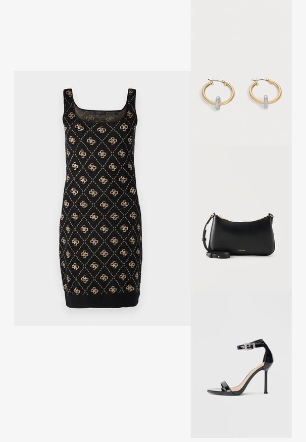 Sort ærmeløs kjole med diamanter og guld accenter. Den har en firkantet halsudskæring og en tætsiddende silhuet, lavet af blødt stof.; Sort højhælet sandal i laklæder med ankelrem. Har minimalistisk design, åben tå og spænde med rhinsten-detaljer.; Sort læder Calving Klein skuldertaske med guldfarvet lynlås og justerbar rem på ensfarvet lys baggrund.; Par guldtonede hoop øreringe med lille sølvfarvet loop-detalje på hver, vist mod lysegrå baggrund.
