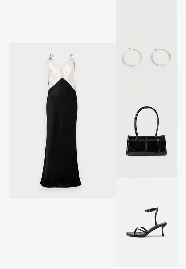 Ärmelloses langes Kleid mit einem schwarzen Satinrock und einem cremefarbenen Oberteil, mit einem V-Ausschnitt und dekorativen Bindedetails an den Schultern.; Schwarze High-Heels-Sandalen mit einem schmalen Riemendesign, glatter Textur, Knöchelverschluss und einer spitzen Fußspitze. Verstellbares Knöchelriemchen.; Glänzende schwarze rechteckige Handtasche mit zwei dünnen Schulterriemen und kleinen goldenen Schnallen vorne.; Silberne Metallcreolen mit glatter, leicht gebogener Oberfläche und Klappverschluss vor schlicht weißem Hintergrund.