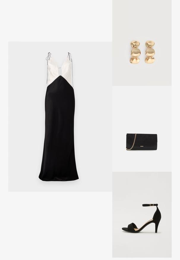 Robe longue sans manches avec une jupe en satin noir et un haut crème, dotée d'un décolleté en V et de détails décoratifs avec des nœuds aux épaules.; Sandale à talons hauts en suede noir, avec un bout ouvert, une bande de cheville avec boucle dorée et une silhouette incurvée. Semelle plate avec une finition texturée.; Porte-monnaie noir en daim avec une finition texturée, doté d'une chaîne dorée et d'un design épuré et angulaire.; Boucles d’oreilles pendantes ton or avec trois segments irréguliers, lisses et arrondis empilés verticalement sur un fond clair uni.
