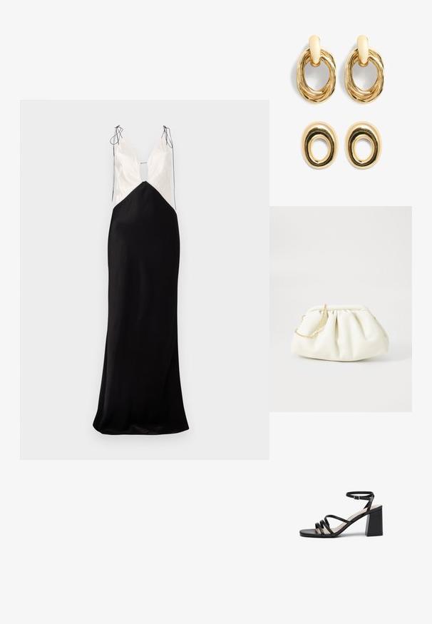 Robe longue sans manches avec une jupe en satin noir et un haut crème, dotée d'un décolleté en V et de détails décoratifs avec des nœuds aux épaules.; Sandales à talons noirs avec plusieurs fines lanières, bout carré et talon bloc, dotées d'une sangle ajustable à la cheville. Texture en cuir lisse.; Sac à main en cuir blanc avec un design plissé, doté d'une bandoulière en chaîne dorée et d'une forme arrondie. Texture lisse avec des plis doux et sans motifs.; Boucles d'oreilles en métal doré avec des designs ovales tordus. La paire du haut a une boucle texturée ; la paire du bas est lisse avec une découpe circulaire.