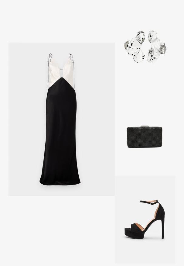 Ärmelloses langes Kleid mit einem schwarzen Satinrock und einem cremefarbenen Oberteil, mit einem V-Ausschnitt und dekorativen Bindedetails an den Schultern.; Schwarze Wildleder-Peeptoe-Sandale mit hoch gelegener Plateausohle, Knöchelriemen mit silberner Hardware, offenem Zehenbereich und glatter Textur.; Schwarze rechteckige Clutch mit strukturierten Oberflächen, ausgestattet mit einem metallischen Verschluss oben und einem Perlenmuster für zusätzliche Details.; Cluster von sechs unregelmäßig geformten, transluzenten und reflektierenden glasähnlichen Stücken, angeordnet auf weißem Hintergrund.