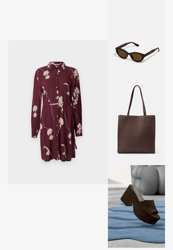 Bordeauxfarbenes Hemdkleid mit langen Ärmeln, Knopfleiste, floralem Muster in Creme, verstellbarem Taillengurt und weichem, strukturiertem Stoff.; Brauner Wildleder-Plateau-Mule-Schuh, präsentiert auf einem strukturierten blauen Teppich mit einer grauen abstrakten Skulptur im Hintergrund.; Braune Schildpatt-Sonnenbrille mit einer Vintage-Cat-Eye-Form und braunen Gläsern. Verfügt über gebogene Bügel mit roten Akzenten.; Braune Leder-Umhängetasche mit zwei langen Griffen, rechteckiger Form, glatter Textur und minimalistischem Design ohne zusätzliche Beschläge.