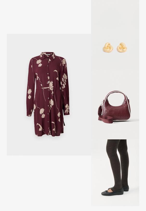 Maronfarvet skjortekjole med lange ærmer, knapfront, blomsterdesign i cremefarve, justerbar taljebånd og blød, tekstureret stof.; Ben iført mørke ribbede leggings kombineret med sorte balletsko med små sløjfedetaljer på hvid baggrund.; Mørkerød vævet lædertaske med buet hank, hvid kant, sølv lynlås og aftagelig bred stofskulderrem mod en ensfarvet baggrund.; Par af skinnende ørestikker i guldfarvet knudeform på en ensfarvet hvid baggrund.
