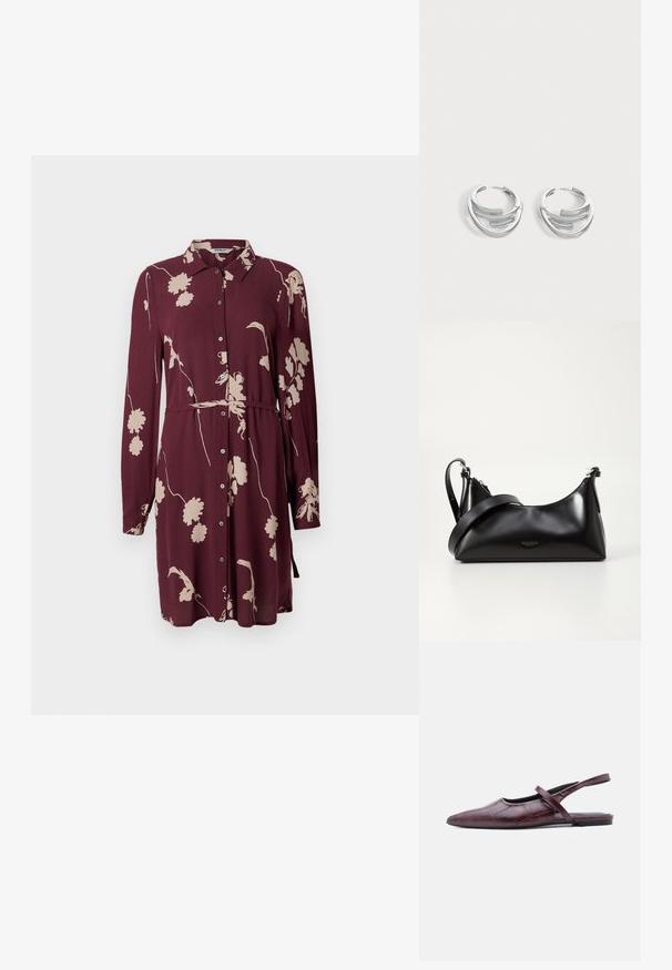 Maronfarvet skjortekjole med lange ærmer, knapfront, blomsterdesign i cremefarve, justerbar taljebånd og blød, tekstureret stof.; Bourgognefarvet læder flad slingback-sko med spids tå og tynd rem over vristen mod ensfarvet baggrund.; Sort læderhåndtaske med en glat tekstur. Har en justerbar stropp og et enkelt, minimalistisk design med lynlås.; Par polerede sølv hoops øreringe med lagdelt, buet stangdesign på en ensartet lys baggrund.