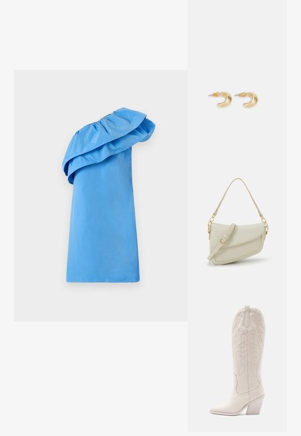 Robe bleue à une épaule avec un détail volé au col, fabriquée en tissu lisse avec une silhouette élégante. Présente une couleur unie et un design minimaliste.; Bottine de cowboy en cuir blanc avec un bout pointu et un talon bloc. Présente des motifs de broderie complexes sur la tige et une texture lisse.; Petit sac à main crème avec une finition texturée, une longue sangle réglable, un accent en chaîne et une fermeture à rabat. Détails en matériel doré.; Boucles d'oreilles en forme de croissant en or avec une finition lisse, présentant des accents orange près du clou et un matériel en argent.