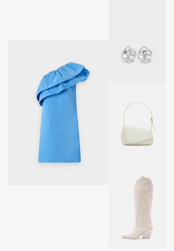 Robe bleue à une épaule avec un détail volé au col, fabriquée en tissu lisse avec une silhouette élégante. Présente une couleur unie et un design minimaliste.; Bottine de cowboy en cuir blanc avec un bout pointu et un talon bloc. Présente des motifs de broderie complexes sur la tige et une texture lisse.; Sac à main en cuir synthétique blanc avec une forme triangulaire structurée, une bandoulière unique réglable et un rabat à courbes accentuées.; Boucles d'oreilles en forme abstraite argentées avec une finition poli, présentant des courbes lisses et des contours subtils. Pas de motifs ou d'accents visibles.