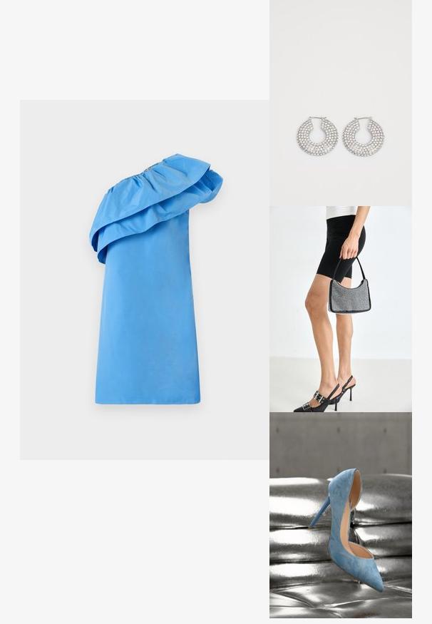 Robe bleue à une épaule avec un détail volé au col, fabriquée en tissu lisse avec une silhouette élégante. Présente une couleur unie et un design minimaliste.; Chaussure à talon haut bleu clair unique avec un bout pointu reposant sur une surface capitonnée en cuir argenté brillant.; Sac à main à perles noires avec une silhouette courbée, une poignée de transport et une texture brillante. Porté avec des chaussures à talons hauts noires et un short noir ajusté.; Boucles d'oreilles en argent en forme de créoles ornées de multiples embellissements en cristal transparent, présentant une surface texturée et un design circulaire ouvert.