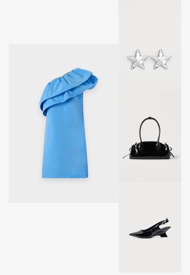 Robe bleue à une épaule avec un détail volé au col, fabriquée en tissu lisse avec une silhouette élégante. Présente une couleur unie et un design minimaliste.; Chaussure slingback en cuir verni noir avec bout pointu et petit talon bloc incliné sur fond clair uni.; Petit sac à main noir brillant avec deux longues anses et des détails à cordon sur les côtés sur un fond clair uni.; Boucles d'oreilles argentées en forme d'étoile, avec une surface lisse et brillante. Chaque boucle d'oreille possède cinq pointes et des détails subtils de texture de surface.