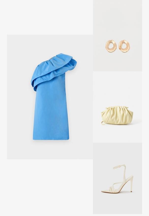 Robe bleue à une épaule avec un détail volé au col, fabriquée en tissu lisse avec une silhouette élégante. Présente une couleur unie et un design minimaliste.; Sandales à talons hauts beiges avec un bout pointu, comportant trois brides à l'avant et une fine bride à la cheville avec une boucle. Texture lisse, design minimaliste.; Sac à main plissé jaune en simili cuir lisse, arborant une forme douce avec une bandoulière unique et un design froncé sur le dessus.; Paired boucles d'oreilles en métal doré poli de forme irrégulière avec un centre ouvert sur un fond blanc uni.