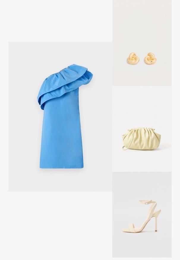 Robe bleue à une épaule avec un détail volé au col, fabriquée en tissu lisse avec une silhouette élégante. Présente une couleur unie et un design minimaliste.; Sandale à talon haut beige avec une sangle fine autour de la cheville et un bout carré. Matériau synthétique lisse, design minimaliste et talon aiguille.; Sac à main plissé jaune en simili cuir lisse, arborant une forme douce avec une bandoulière unique et un design froncé sur le dessus.; Paire de clous d'oreilles en forme de nœud, couleur or brillant, sur un fond blanc uni.