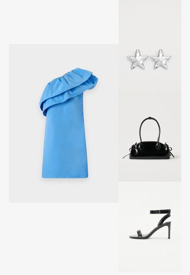 Robe bleue à une épaule avec un détail volé au col, fabriquée en tissu lisse avec une silhouette élégante. Présente une couleur unie et un design minimaliste.; Sandale noire à talons avec une finition brillante, dotée de deux fines lanières et d'une lanière à la cheville, reposant sur un talon aiguille élancé.; Petit sac à main noir brillant avec deux longues anses et des détails à cordon sur les côtés sur un fond clair uni.; Boucles d'oreilles argentées en forme d'étoile, avec une surface lisse et brillante. Chaque boucle d'oreille possède cinq pointes et des détails subtils de texture de surface.