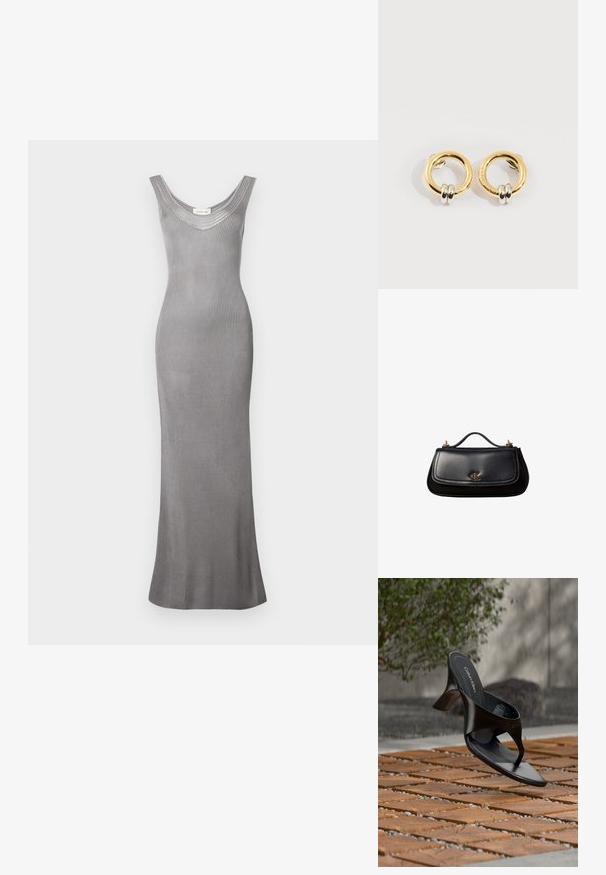 Calvin Klein Jeans Robe longue - titanium; Sandale à talon noire Calvin Klein en forme de tongs flottant au-dessus d'une surface extérieure carrelée avec de la verdure et un mur en béton en arrière-plan.; Sac à main en cuir noir avec une petite poignée, logo "cK" doré sur le rabat avant, et accessoires dorés.; Boucles d'oreilles circulaires en or avec deux petites bagues en argent sur chacune, affichant des détails subtils du nom de la marque gravé, posées sur un fond blanc.