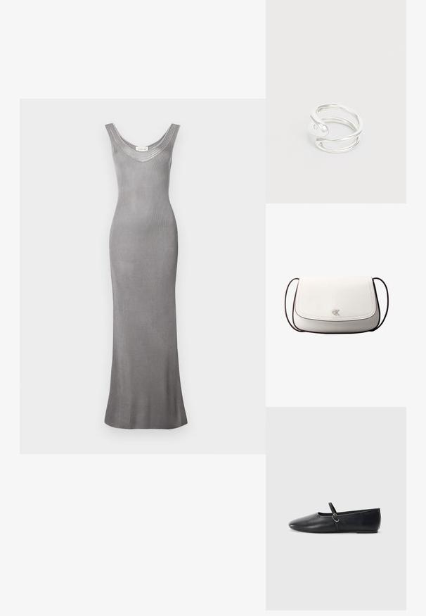 Calvin Klein Jeans Robe longue - titanium; Ballerines noires en cuir avec un bout pointu, une semelle plate et une petite sangle avec un détail de boucle en argent.; Sac bandoulière blanc avec fermeture à rabat, petit logo "cK" argenté centré, et fine sangle réglable marron foncé.; Bague en métal argenté avec un design tordu et une finition lisse. La bague a une forme ouverte avec un accent en spirale et une apparence minimaliste.
