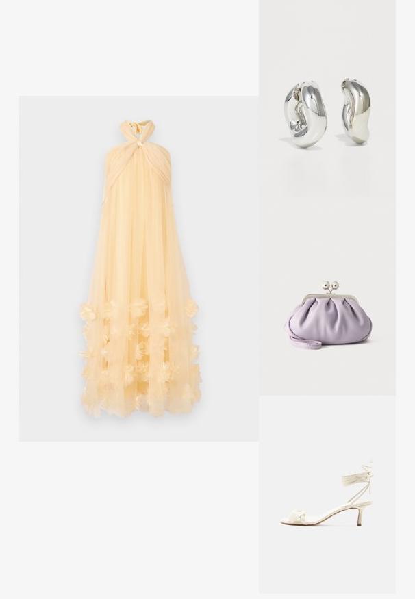 Vestido largo hecho de un tejido translúcido de color amarillo pálido, con un cuello halter anudado y aplicaciones florales en el dobladillo, creando una silueta fluida.; Sandalia de tacón bajo color crema con lazos alrededor del tobillo y una amplia tira retorcida sobre los dedos, sobre un fondo blanco liso.; Bolso de mano suave de lavanda con tela recogida, cierre de beso plateado y correa de muñeca a juego sobre un fondo liso y claro.; Pendientes escultóricos de plata con formas suaves y curvas y superficies reflectantes. Presentan un diseño de aro cerrado y una forma orgánica distintiva.
