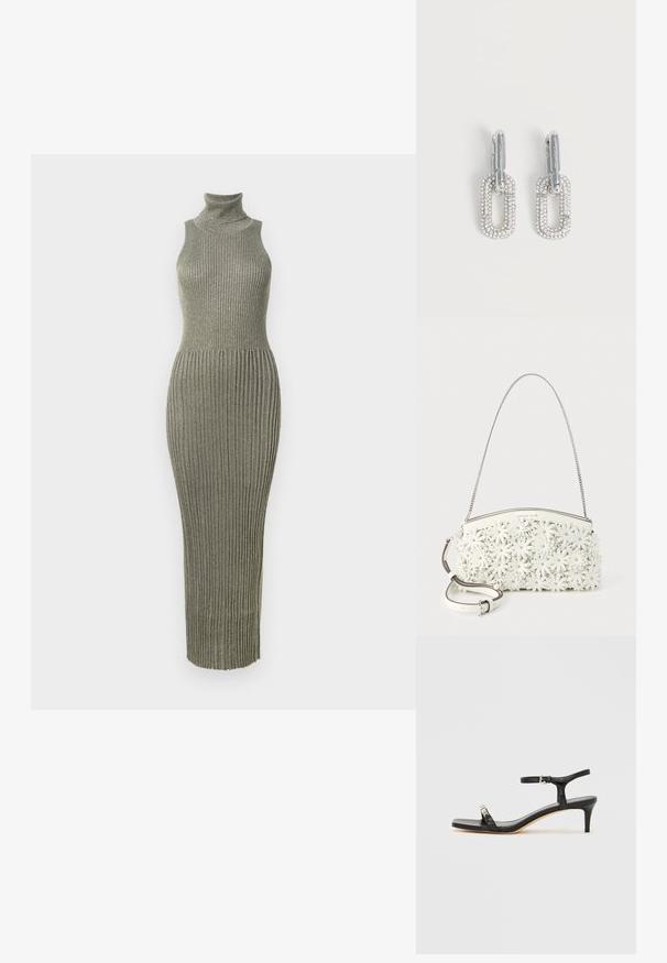 Robe en tricot côtelé vert olive avec un col montant, silhouette ajustée et longueur longue. Texture lisse avec un subtil éclat.; Sandale noire en cuir à talon avec bride à la cheville, bout ouvert, devant carré et accent en métal argenté. Design ajusté avec un profil élégant.; Sac à main blanc avec bandoulière en chaîne, orné d'appliqués floraux 3D avec des clous métalliques au centre et une bandoulière amovible en cuir.; Boucles d’oreilles pendantes ton argent avec un design rectangulaire lié couvert de petits cristaux scintillants sur fond blanc.